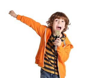 Photo of Little boy with microphone singing on white background