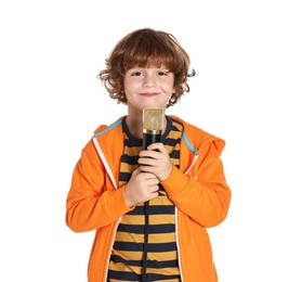 Photo of Little boy with microphone on white background