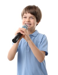 Photo of Smiling boy with microphone on white background