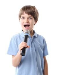 Cute boy with microphone singing on white background