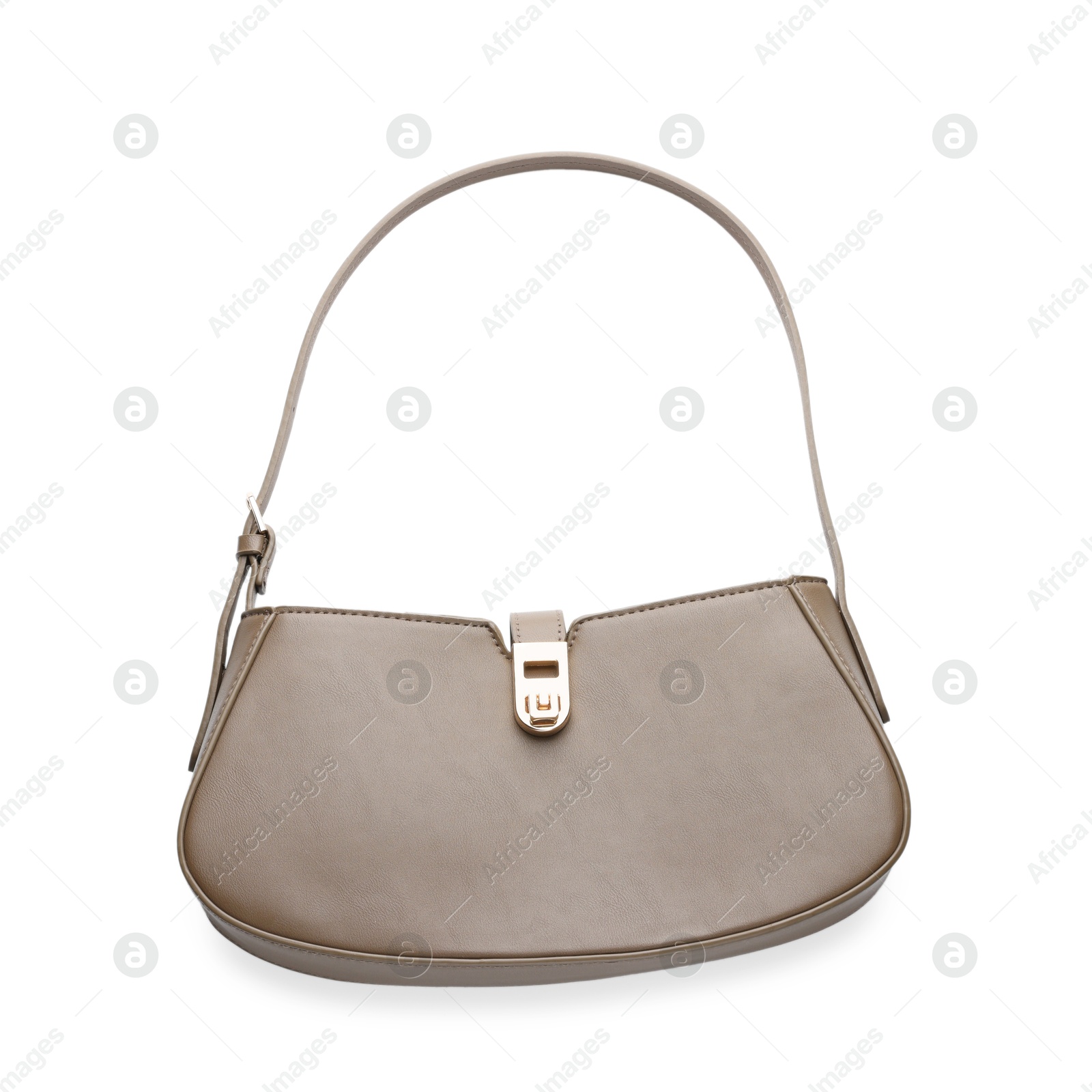 Photo of Elegant women baguette handbag isolated on white, top view