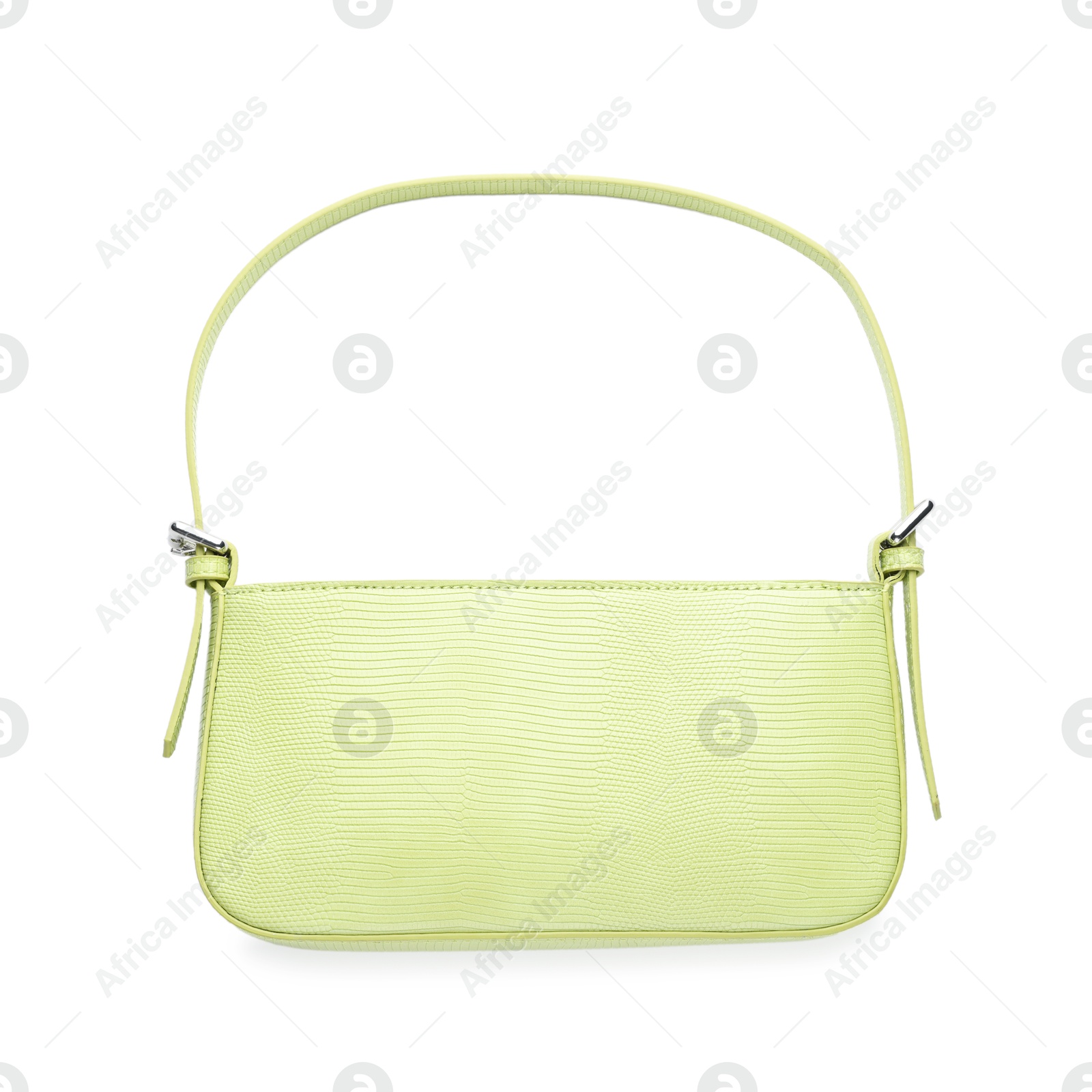 Photo of Elegant women baguette handbag isolated on white, top view