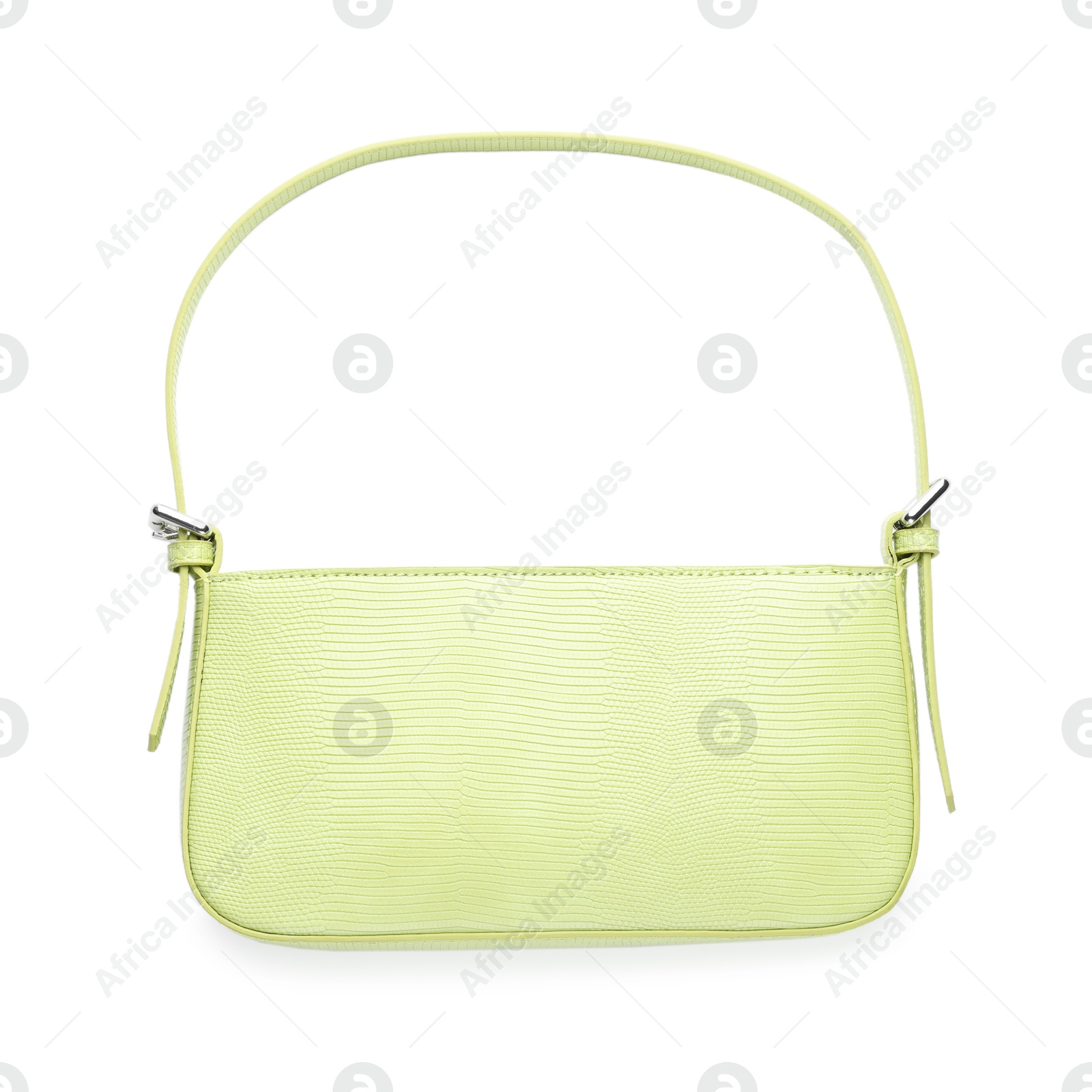 Photo of Elegant women baguette handbag isolated on white, top view