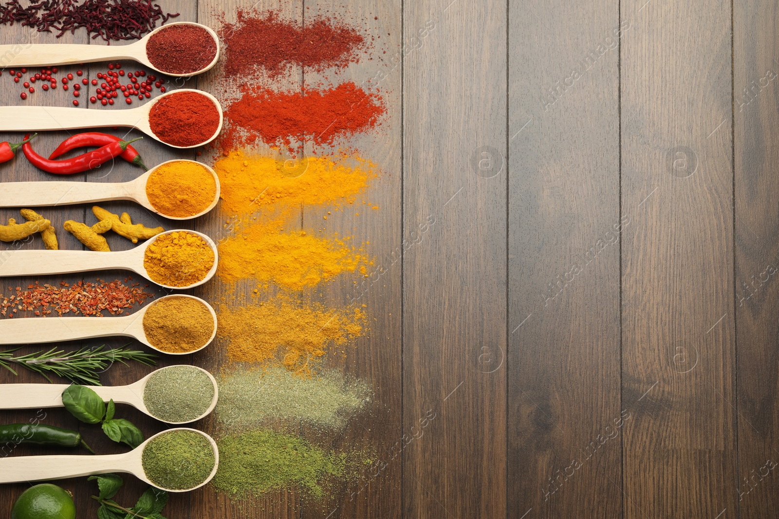 Photo of Different aromatic spices and herbs on white marble table, flat lay. Space for text