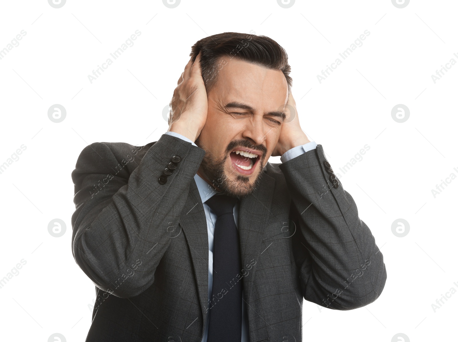 Photo of Man covering his ears on white background