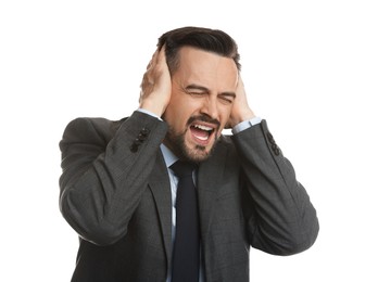 Photo of Man covering his ears on white background