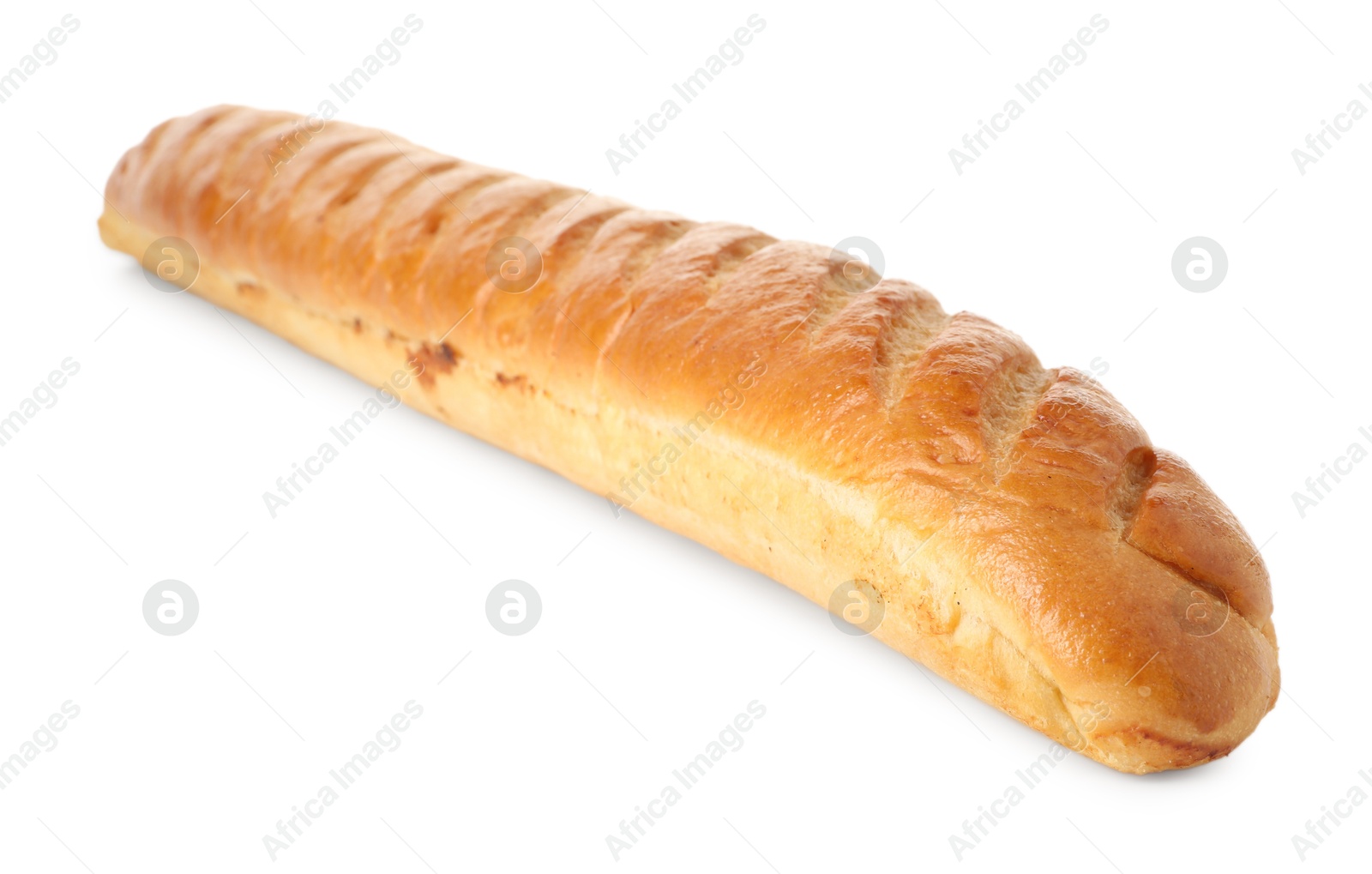 Photo of One freshly baked baguette isolated on white