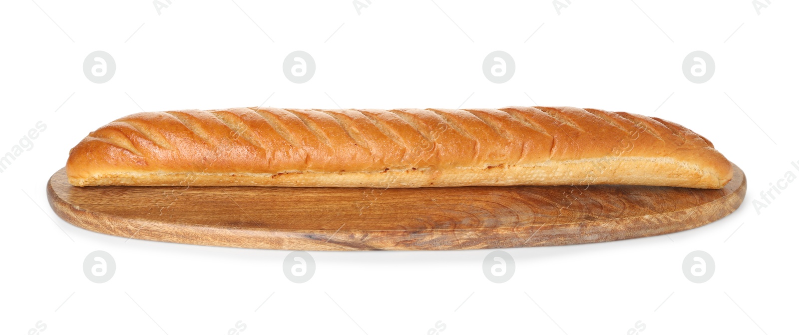 Photo of One freshly baked baguette isolated on white