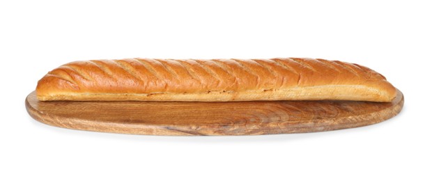 Photo of One freshly baked baguette isolated on white