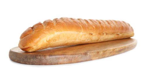 Photo of One freshly baked baguette isolated on white