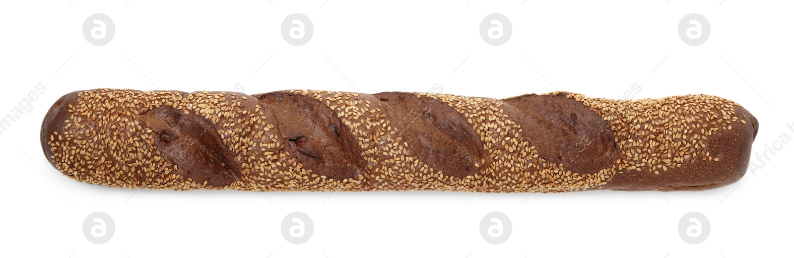 Photo of One fresh baguette with sesame isolated on white, top view