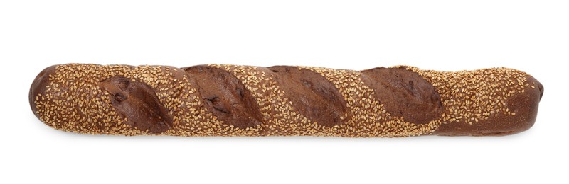 Photo of One fresh baguette with sesame isolated on white, top view