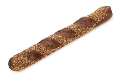 Photo of One fresh baguette with sesame isolated on white, top view