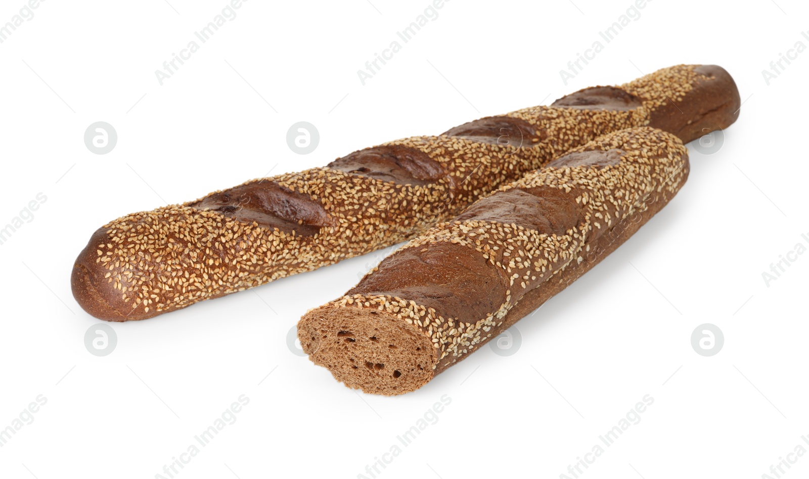 Photo of Fresh baguettes with sesame isolated on white