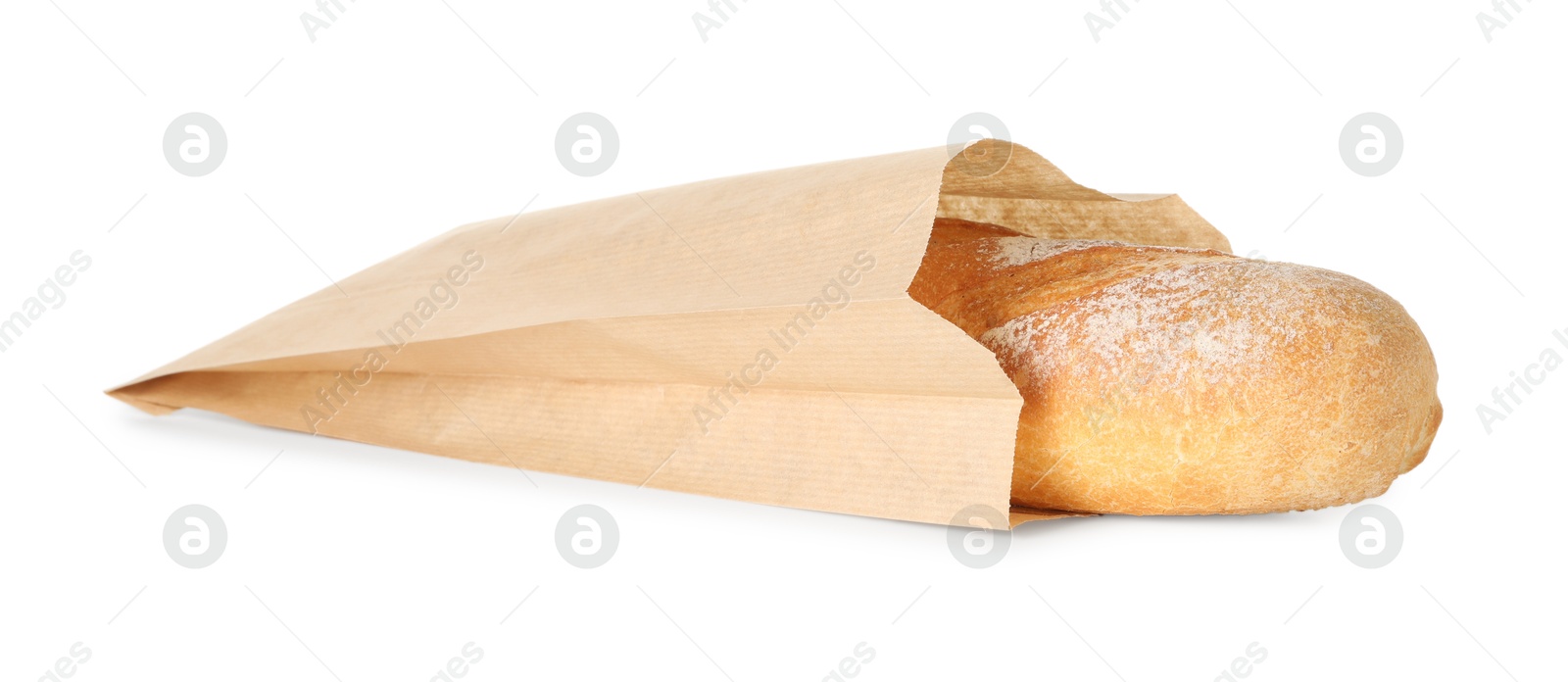 Photo of Freshly baked baguette in paper bag isolated on white