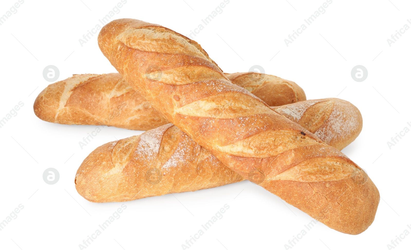 Photo of Three freshly baked baguettes isolated on white