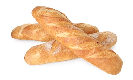 Photo of Three freshly baked baguettes isolated on white