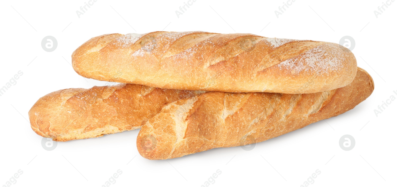 Photo of Three freshly baked baguettes isolated on white