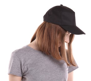 Photo of Woman in stylish baseball cap on white background. Mockup for design