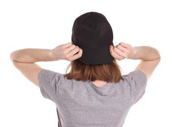 Photo of Woman in stylish baseball cap on white background, back view. Mockup for design