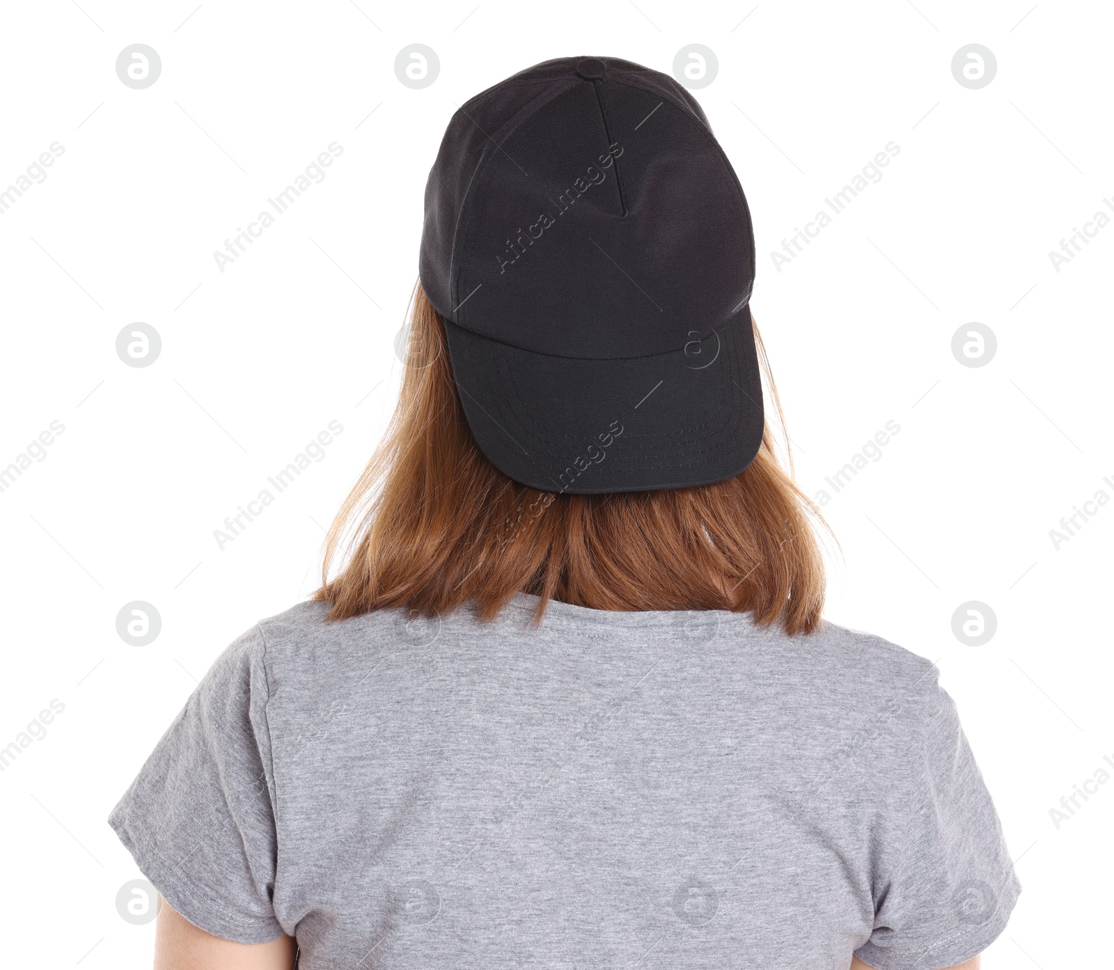 Photo of Woman in stylish baseball cap on white background, back view. Mockup for design