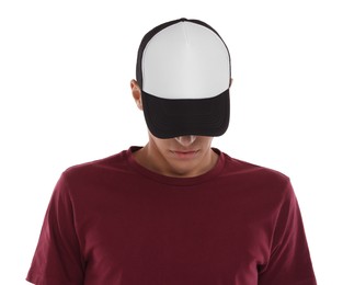 Photo of Man in stylish baseball cap on white background. Mockup for design