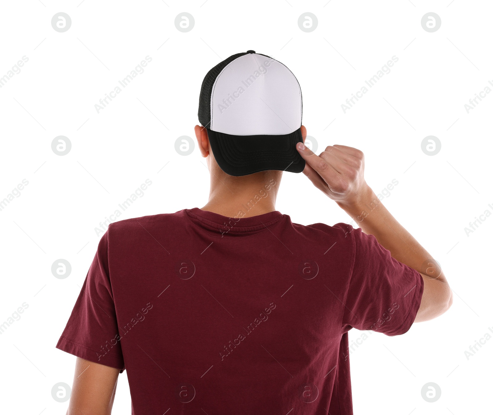 Photo of Man in stylish baseball cap on white background, back view. Mockup for design