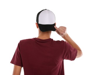 Photo of Man in stylish baseball cap on white background, back view. Mockup for design