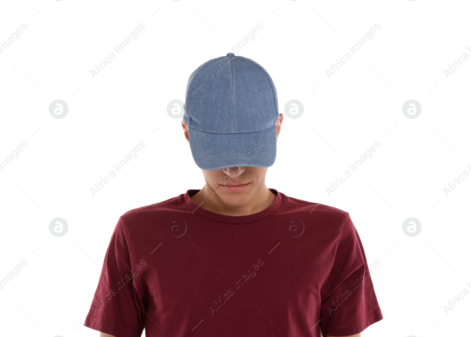 Photo of Man in stylish baseball cap on white background. Mockup for design