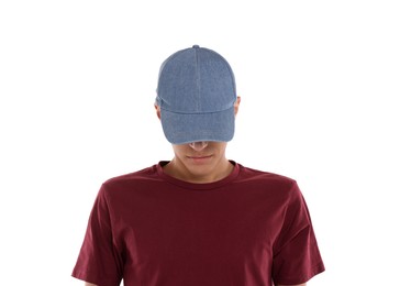 Photo of Man in stylish baseball cap on white background. Mockup for design