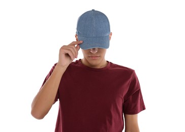 Man in stylish baseball cap on white background. Mockup for design