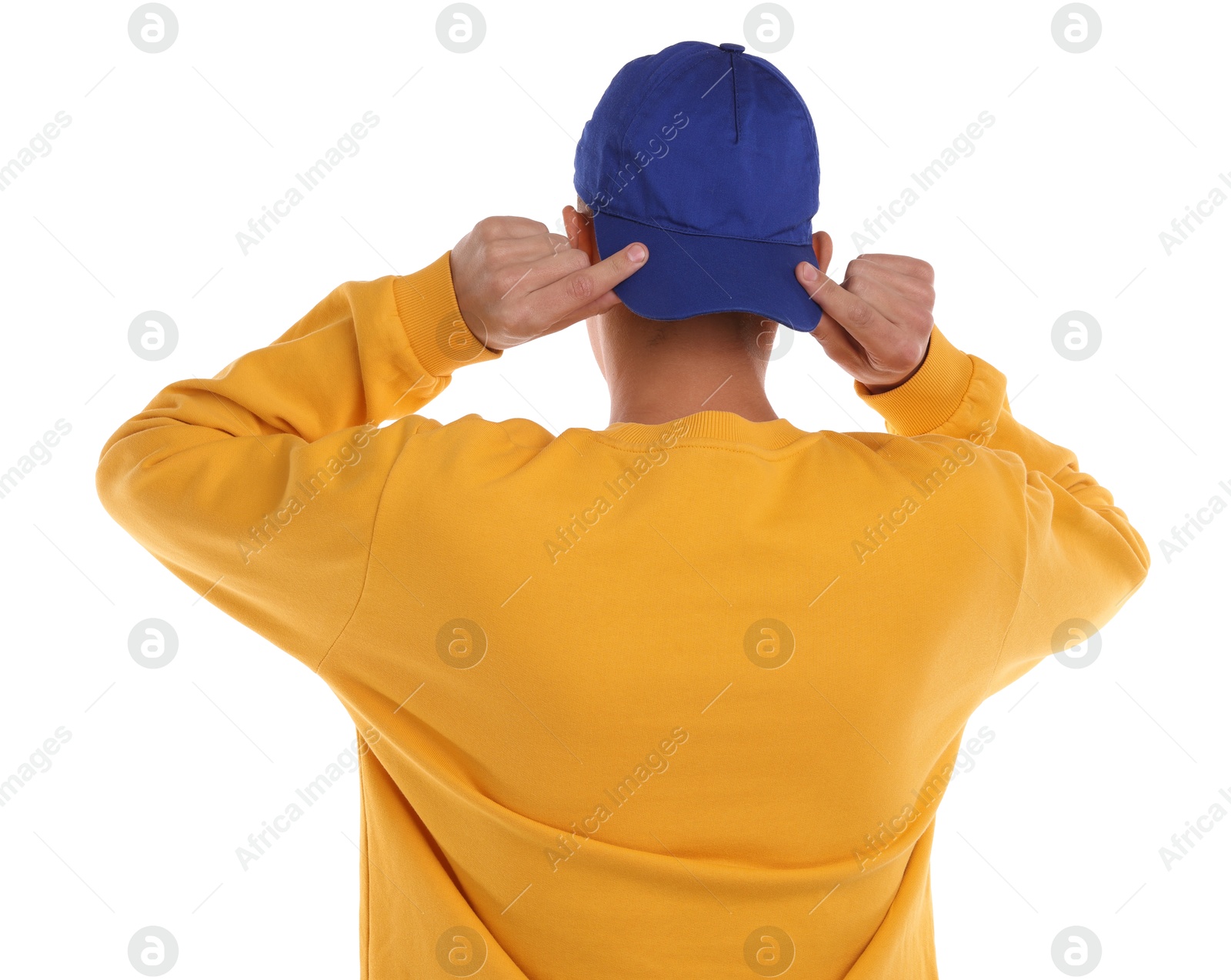 Photo of Man in stylish baseball cap on white background, back view. Mockup for design