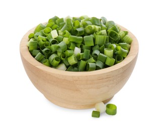 Photo of Chopped fresh green onion in bowl isolated on white