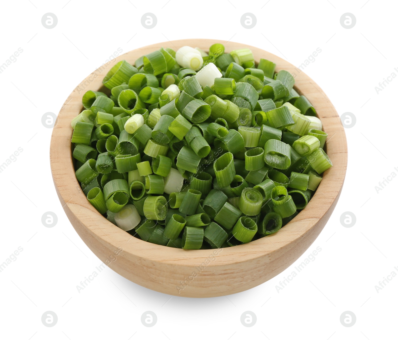 Photo of Chopped fresh green onion in bowl isolated on white