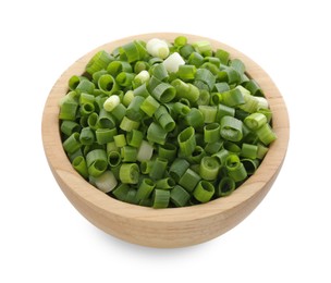 Photo of Chopped fresh green onion in bowl isolated on white