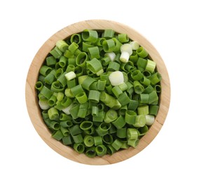 Photo of Chopped fresh green onion in bowl isolated on white, top view