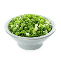 Photo of Chopped fresh green onion in bowl isolated on white