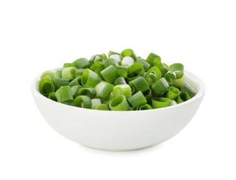 Photo of Chopped fresh green onion in bowl isolated on white