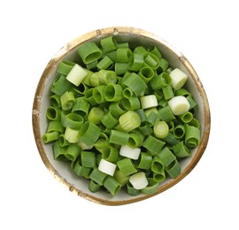 Photo of Chopped fresh green onion in bowl isolated on white, top view