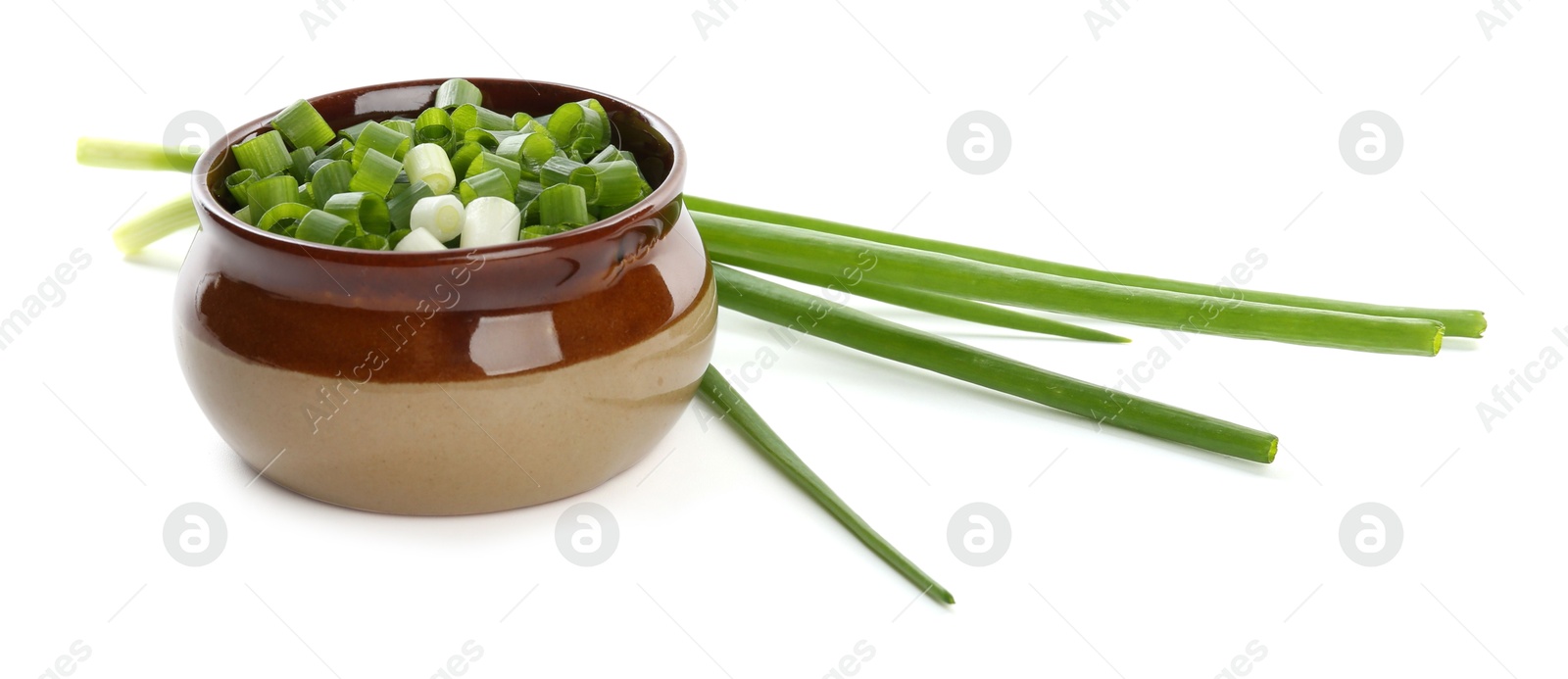 Photo of Cut fresh green onions isolated on white