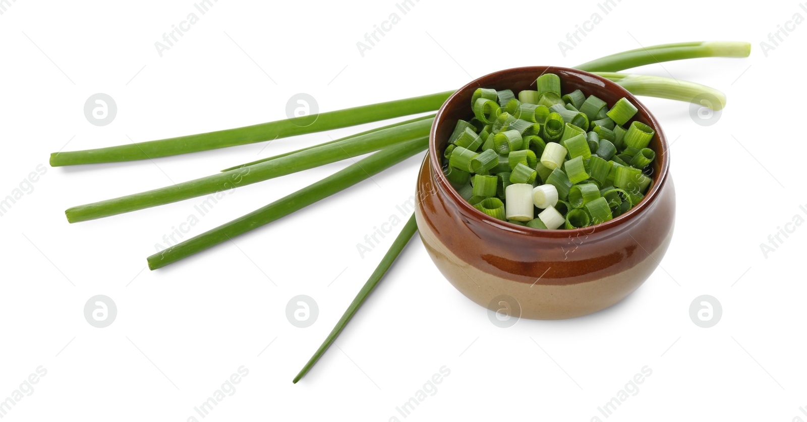 Photo of Cut fresh green onions isolated on white