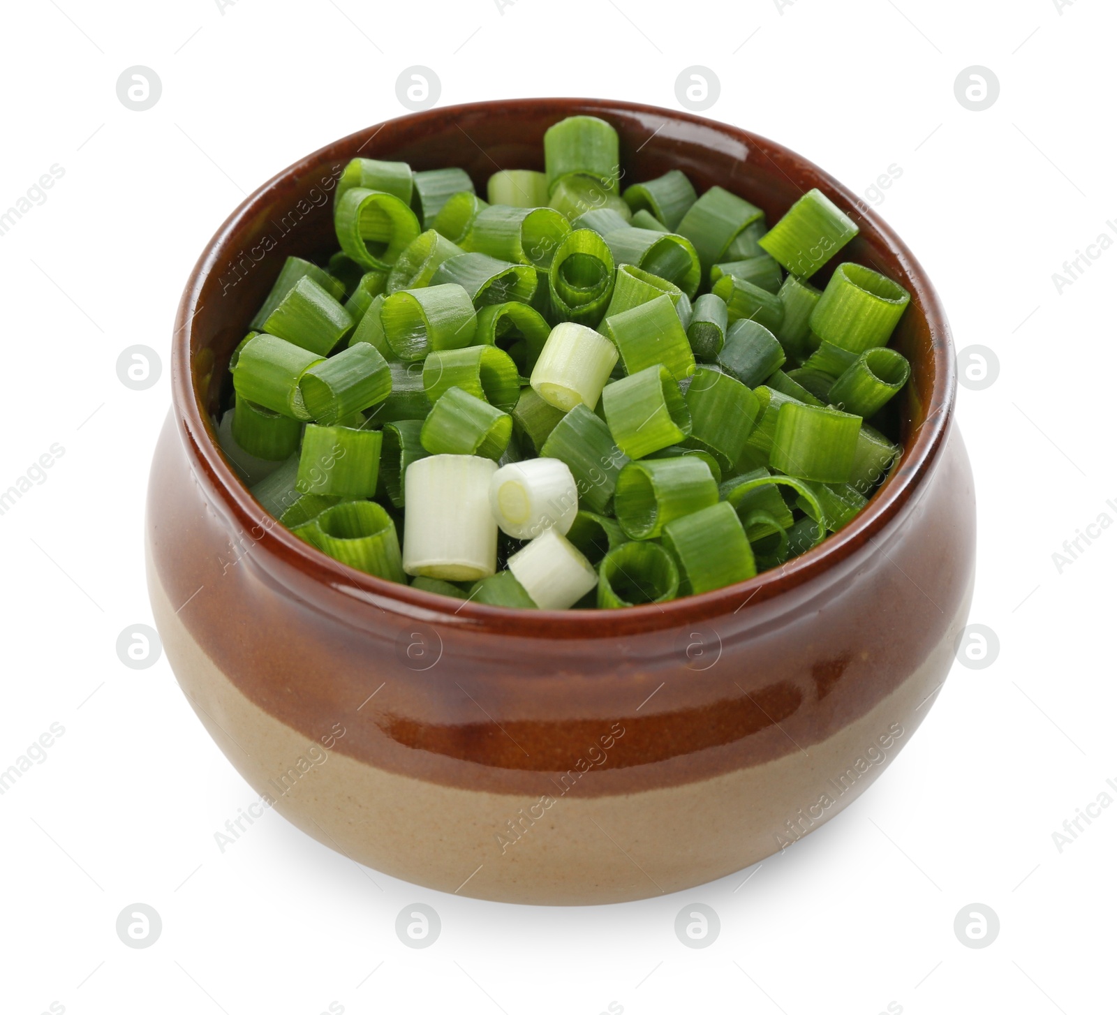 Photo of Chopped fresh green onion in bowl isolated on white