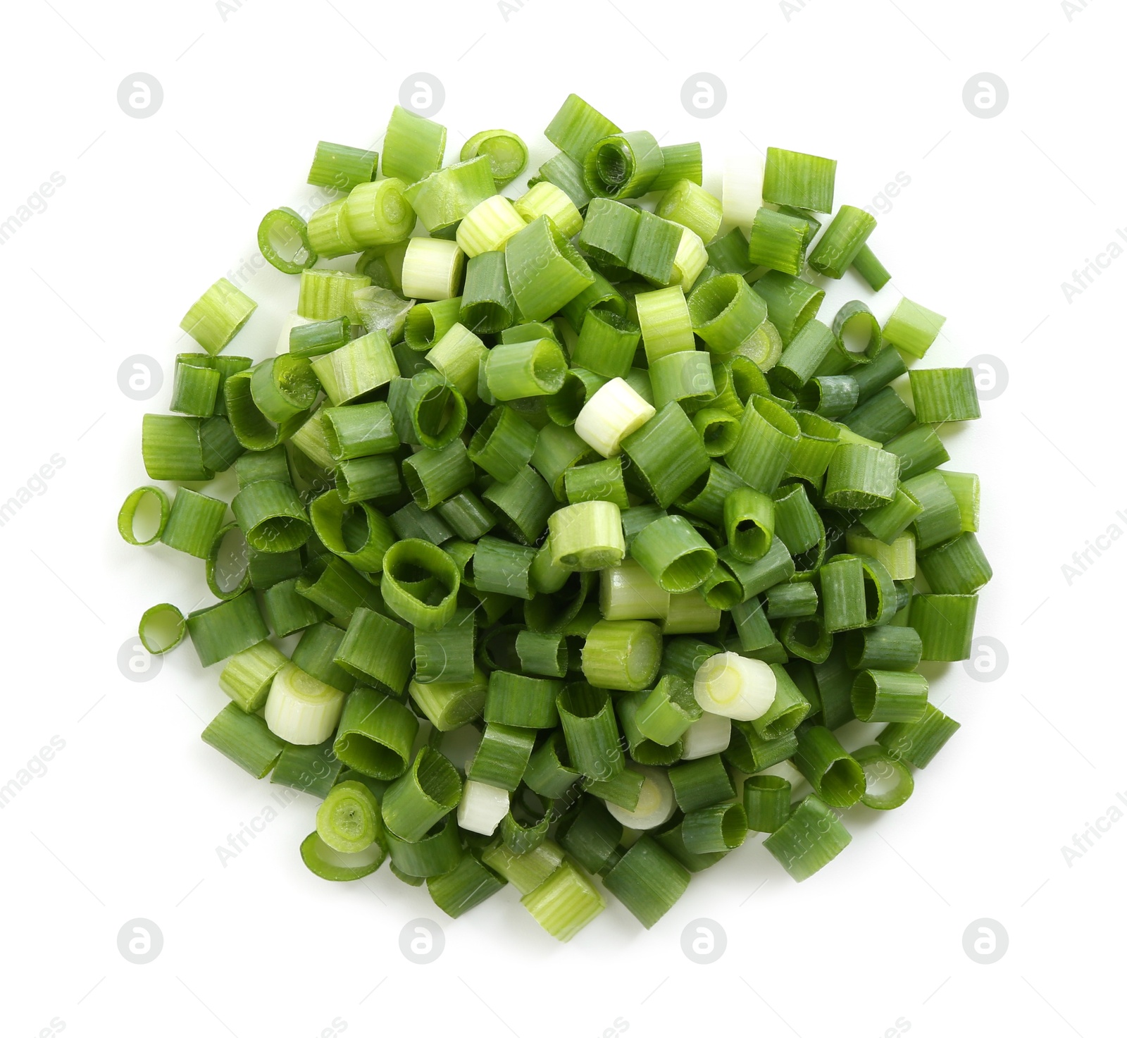 Photo of Pile of chopped fresh green onion isolated on white, top view