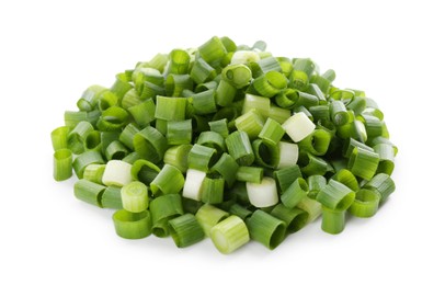 Photo of Pile of chopped fresh green onion isolated on white