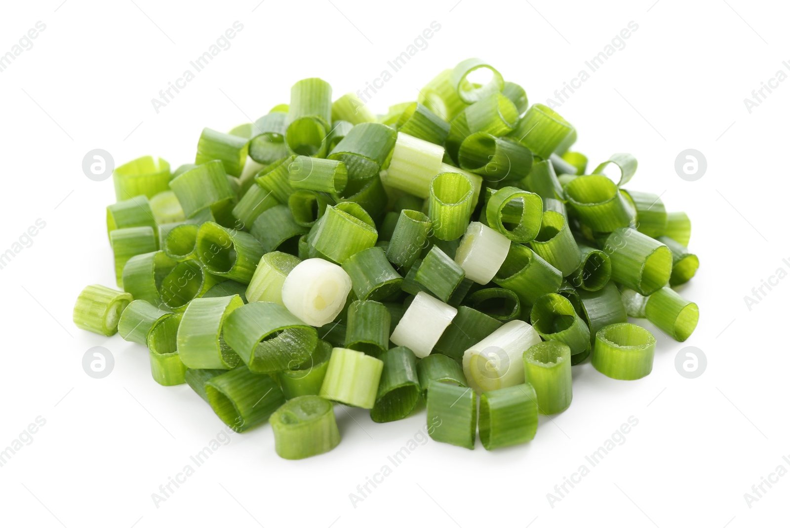 Photo of Pile of chopped fresh green onion isolated on white