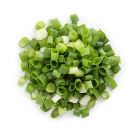 Photo of Pile of chopped fresh green onion isolated on white, top view