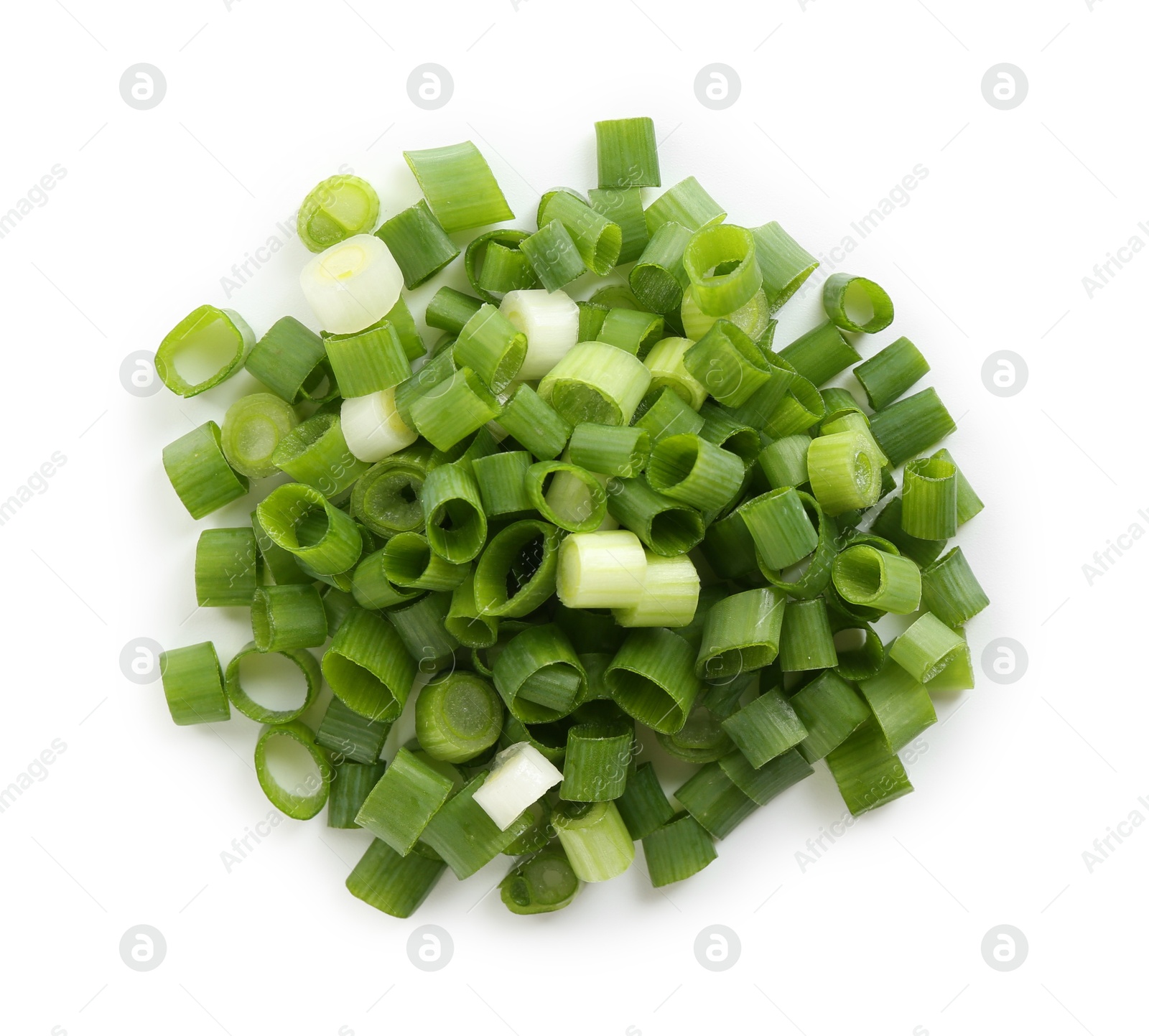 Photo of Pile of chopped fresh green onion isolated on white, top view