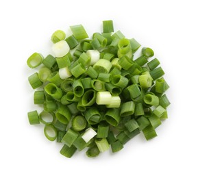 Photo of Pile of chopped fresh green onion isolated on white, top view