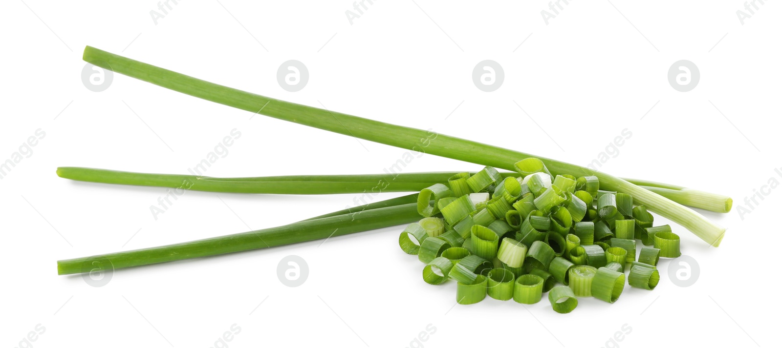 Photo of Cut fresh green onions isolated on white