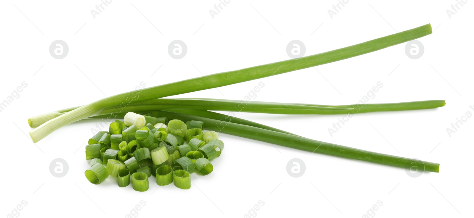 Photo of Cut fresh green onions isolated on white